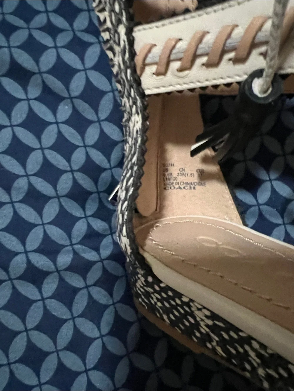 Coach Two-Tone Espadrille Wedge Sandals in Beige and Black